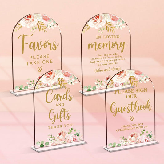 4 Pcs Acrylic Wedding Signs for Reception, Bridal Shower Decorations, Cards and Gifts Signs, Guest Book Sign, Arch Acrylic Table Top Sign with Holder for Wedding Reception (Clear Pink Flowers)