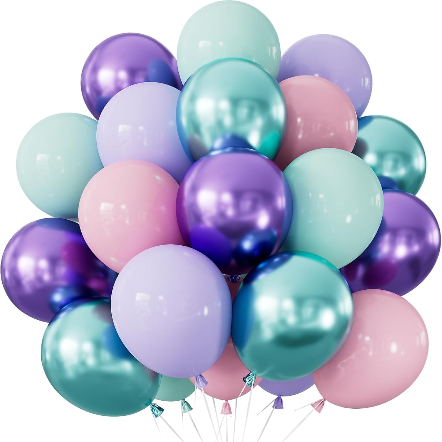 Mermaid Balloons - 12Inch Purple Pink Green Blue Balloons Glitter Metallic Purple Green Balloon Light Teal Latex Balloon for Mermaid Birthday Baby Shower Under The Sea Party Decorations (50Pcs)