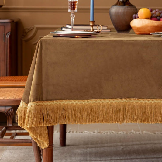 F-CHU Luxury Camel Tablecloth Thickset Velvet Tablecloth with Beautiful Gold Tassels Vintage Table Cloth for Home Decor Wedding, Party, Banquet and Events 60x86-Inch