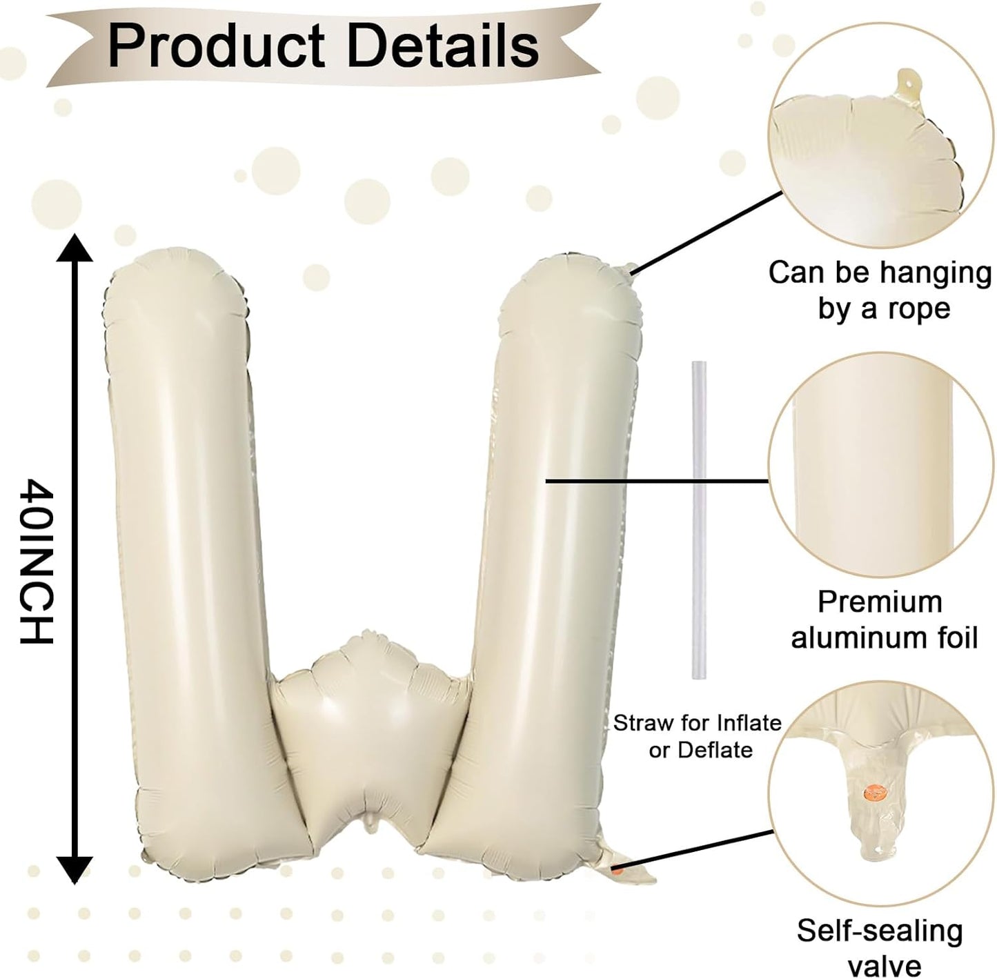 40 Inch Letter Balloons W, Big Custom A-Z Alphabet Foil Name Balloon Cream White, Self Inflating Beige Customize Helium Balloon Letters W for Women Girls Birthday Bride Baby Shower Party Decorations