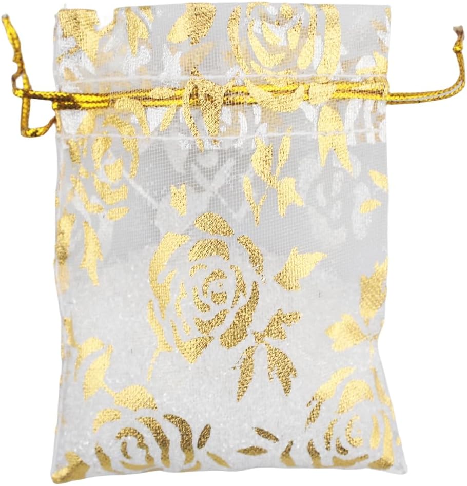 QIANHAILIZZ 100 Pack 2.8 x 3.5 Inch Flower Heart Organza Jewelry Gift Pouch Candy Pouch Drawstring Wedding Favor Bags B511S (white gold flower)