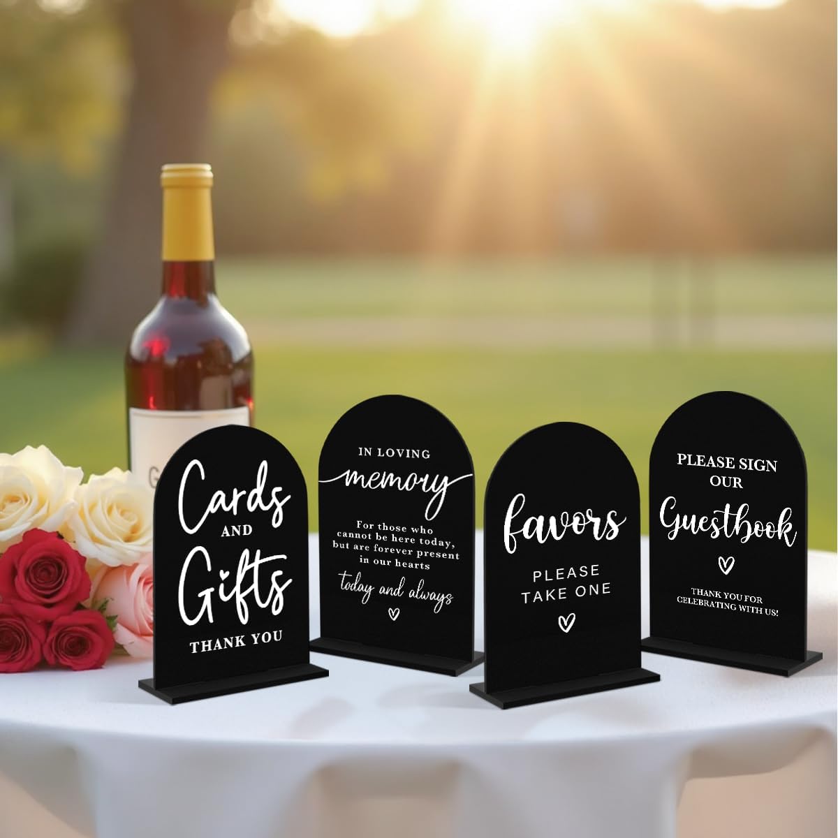 4 Pcs Acrylic Wedding Signs for Ceremony and Reception, Bridal Shower Decorations, Cards and Gifts Signs, Guest Book Sign, Arch Acrylic Table Top Sign with Holder for Wedding Reception (Black)