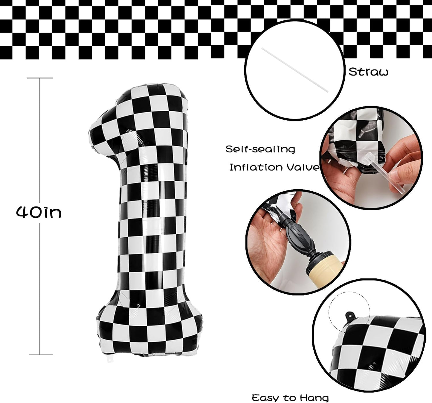 40 Inch Checkered Number Balloon - Race Flag Pattern Big Helium Balloon for Birthday Party Decorations - Black & White Balloon for Kids Adults Party Supplies (Racing Car, Number 1)
