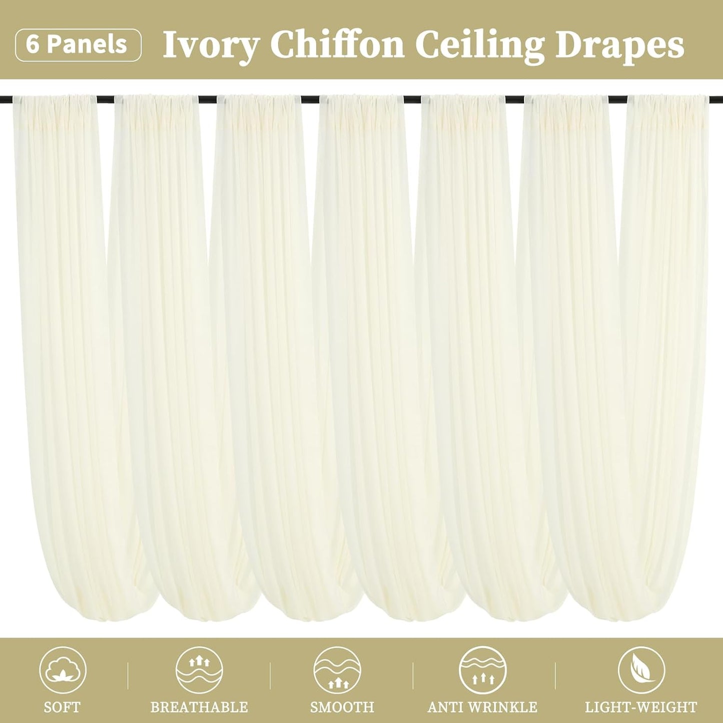 6 Panels Ivory Ceiling Drapes for Wedding 5ftx10ft Chiffon Fabric Arch Draping Curtains Sheer Drapery for Party Ceremony Birthday Baby Shower Reception Stage Swag Ceiling Decorations