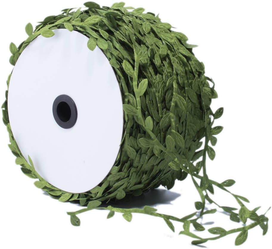 BASOKAN Grass Olive Green Leaves Leaf Ribbon Trim Rope - 20 Yards - for Garland DIY Crafts and Party Wedding Home Decorations