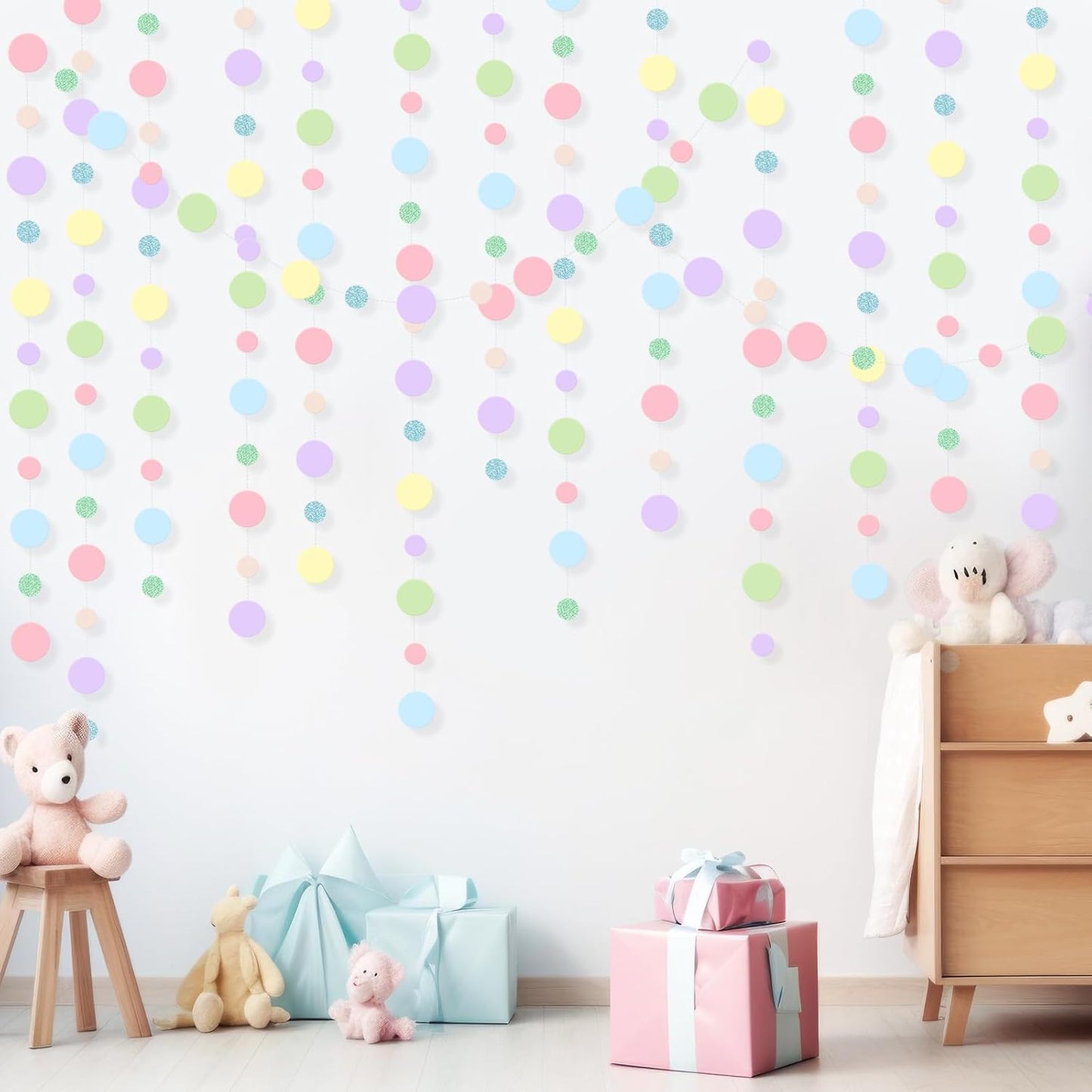 Outus 5 Pieces Colorful Dots Paper Garland Round Glitter Garland Hanging Confetti Streamers Backdrop for Candy Birthday Classroom Halloween Trunk or Treat Car Decoration (Pastel)