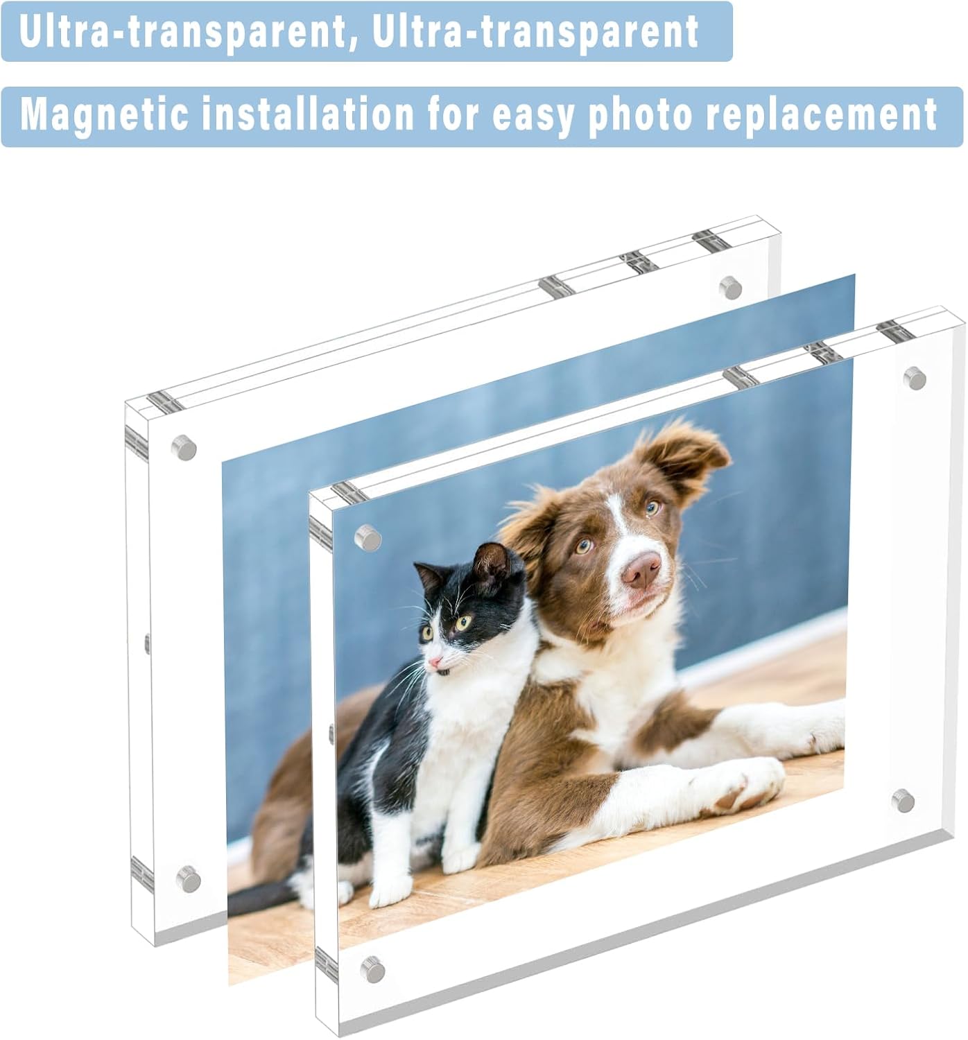 HELPLEX 2 Pack 6x6 Acrylic Picture Frames, 24mm Thicker Square Frameless Clear Frame Double Sided Magnetic Frame, Free Standing Desktop Display Stand