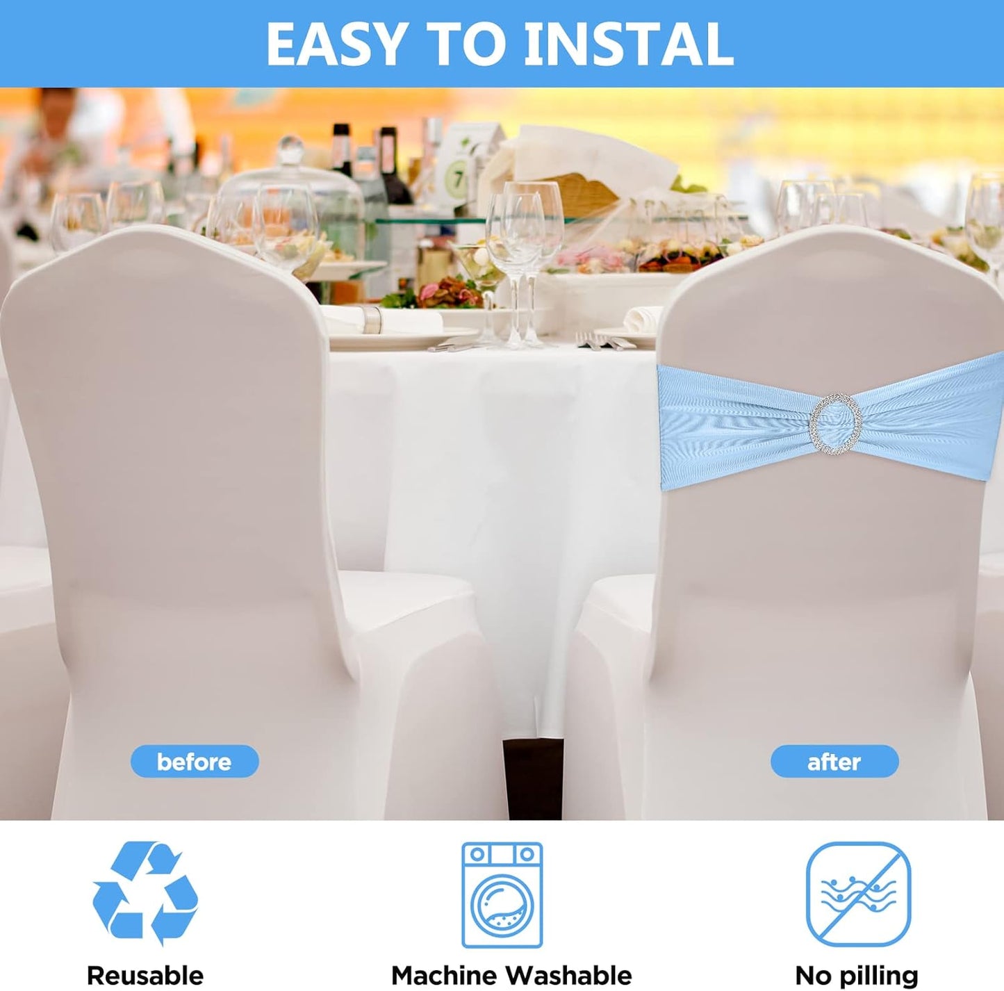 CHENGU 150 Pieces Spandex Stretch Chair Sashes Bows Elastic Chair Cover Bands Ties with Buckle Slider for Wedding Party Reception Events Universal Ceremony Banquet Decorations (Sky Blue)