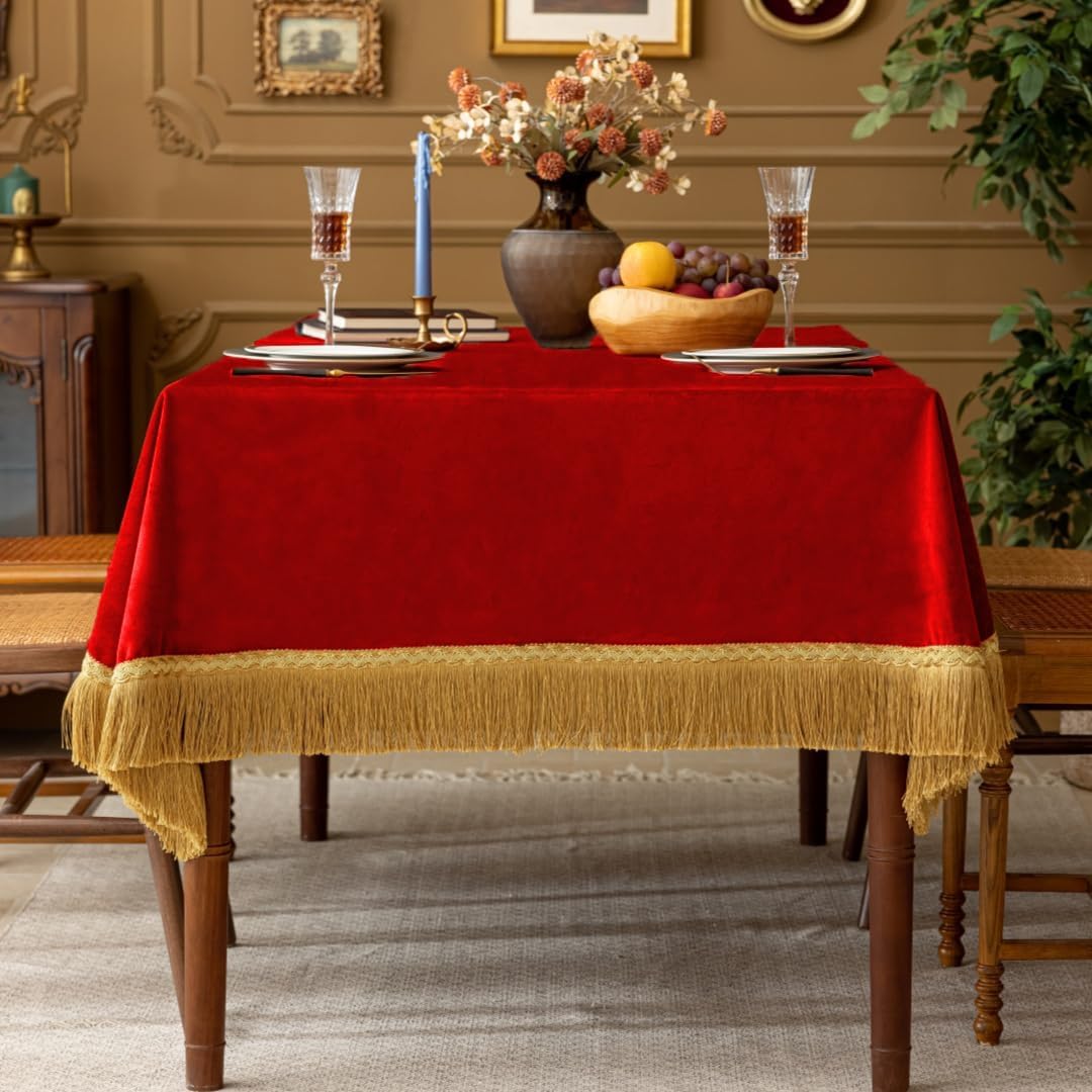 F-CHU Luxury Red Tablecloth Thickset Velvet Tablecloth with Beautiful Gold Tassels Vintage Table Cloth for Home Decor Wedding, Party, Banquet and Events 60x102-Inch