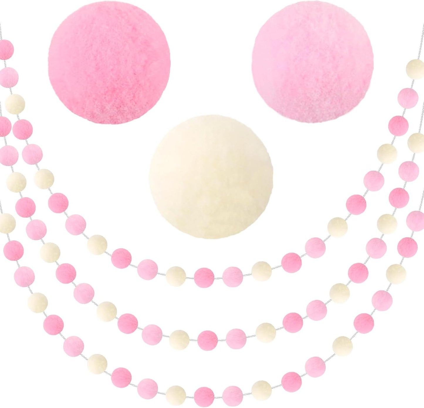 3 Pack Pom Pom Garland Colorful Felt Ball Garland Decorations, 6.5 Feet Long with 30 Balls Banner Hanging Supplies for Birthday, Baby Shower, Parties (Pink & White)