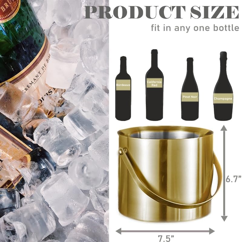 Gold Ice Bucket with Lid, Handle and Tong Insulated Stainless Steel Champagne Bucket 3L Wine Bucket for Party Bar Cart Accessories Large Double Wall Bucket Keep Frozen