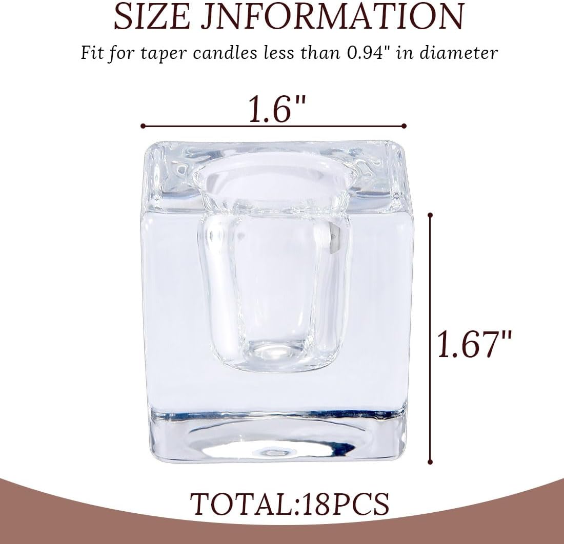 Glass Candlestick Holders Bulk for Taper Candles, Set of 18 Clear Glass Candle Holders for Family Party, Church and Wedding