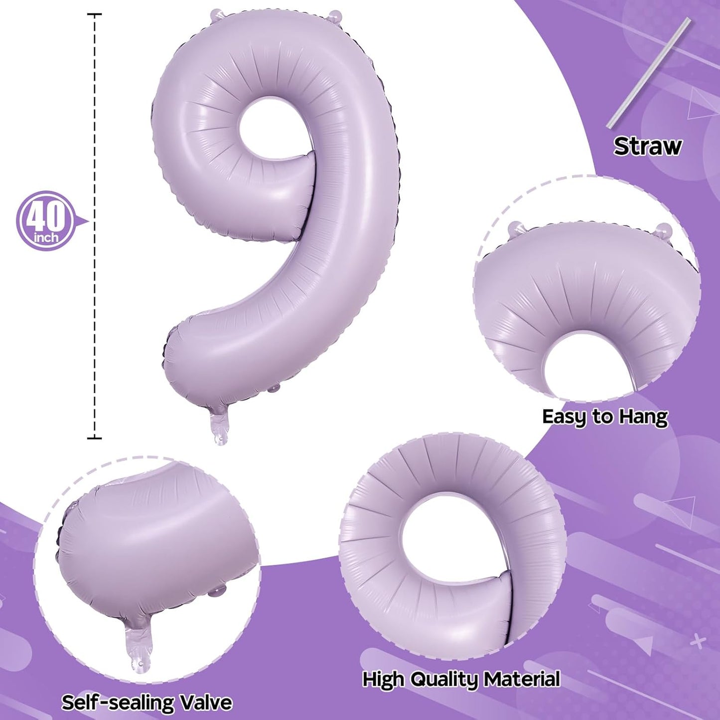 Dusty Pastel Purple Number 9 Balloons, 40 Inch Large Light Purple Foil Number Balloons Set 0-9 for Girls, Globos de Numero 9 Helium Balloon for 9th Age Birthday Anniversary Party Decorations Supplies