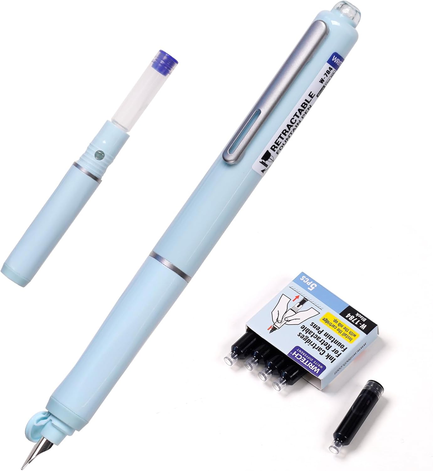 WRITECH Fountain Pen Fine Nib: Black Ink Retractable Pen Set Includes 5 Ink Cartridges Smooth Writing No leaking for Gift (Blue)