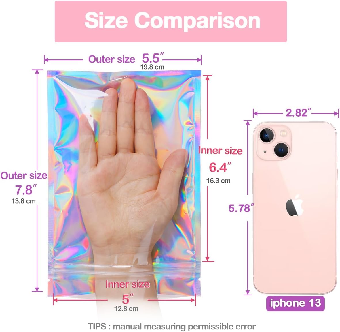 Smell Proof Bags & Resealable Foil Pouch Bag [100 PCS ] Great for Party Favor Food Storage (Holographic Color, 8 x 5.5 Inch)