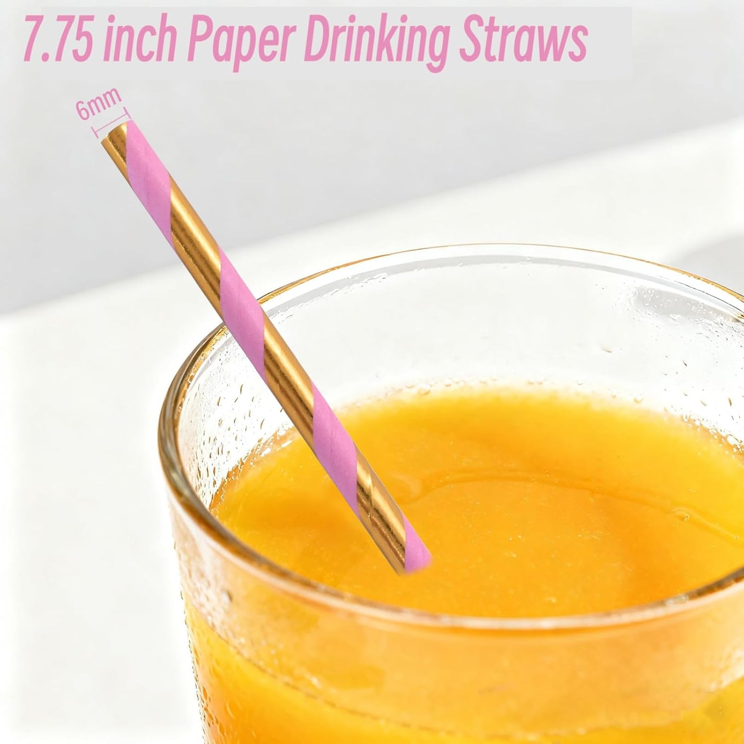 Paper Straws for drinking - Pink Gold Striped Biodegradable Disposable Paper Straws, 7.75 Inch, 100 Pieces