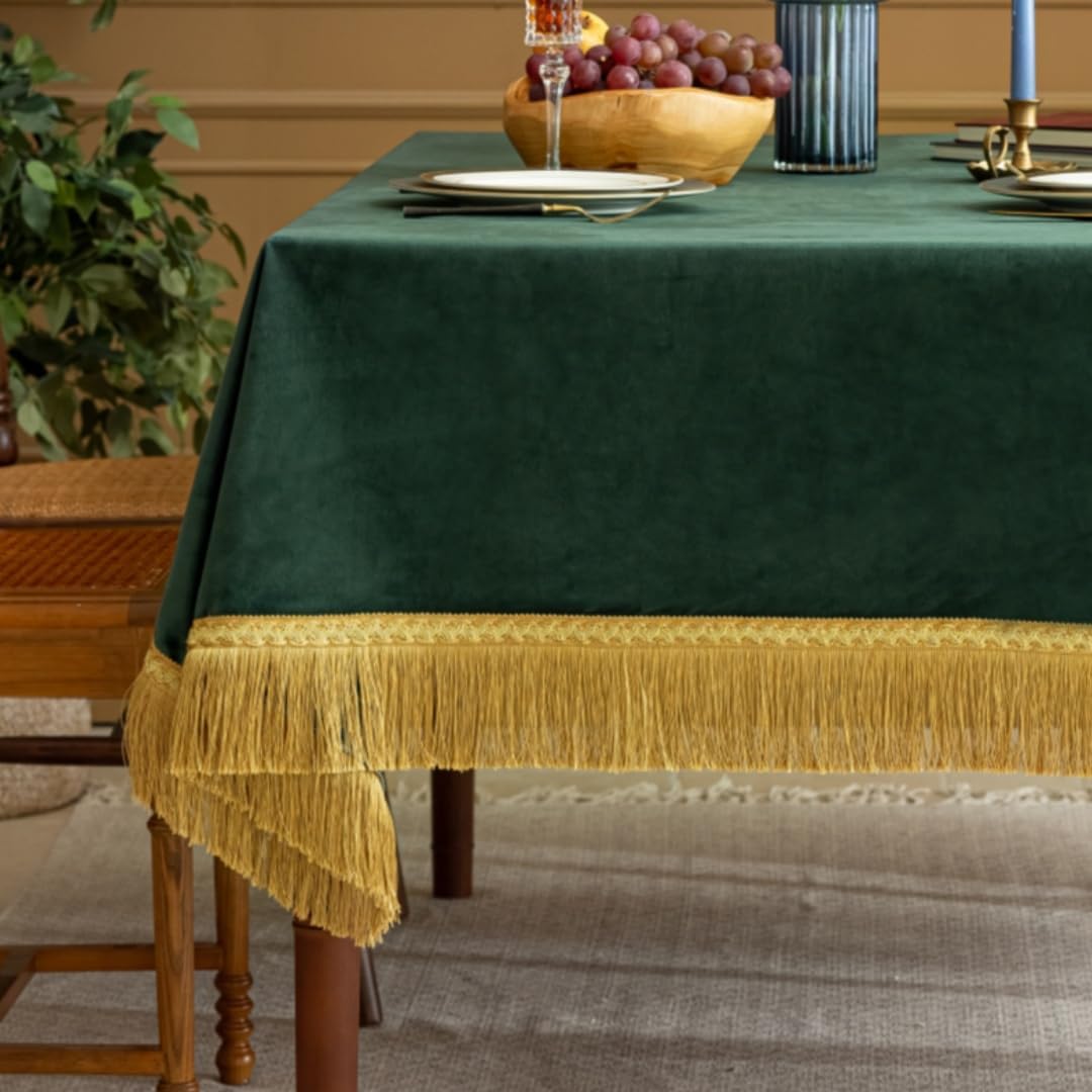 F-CHU Luxury Green Tablecloth Thickset Velvet Tablecloth with Beautiful Gold Tassels Table Cloth for Home Decor Wedding, Party, Banquet and Events 60x86-Inch