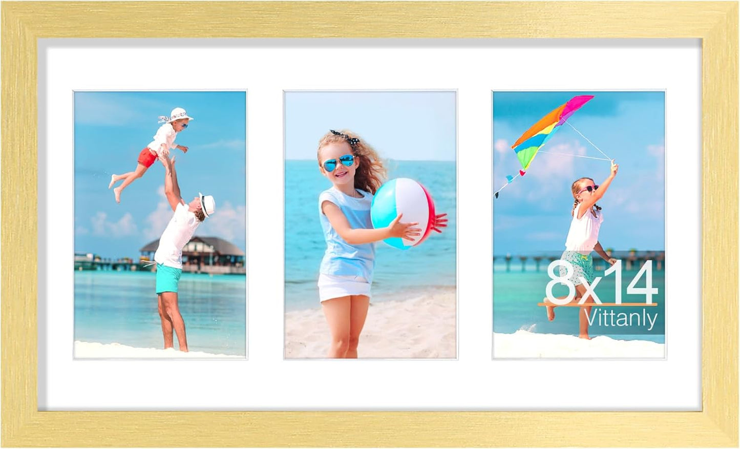 Vittanly 8x14 Picture Frames Collage, Displays 3Pcs 4x6 Pictures with Mat, Collage Picture Frame for Horizontal or Vertical Display, Gold, 1 Pack