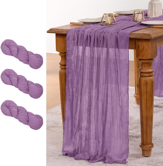 MLMW 3 Pack Fall Table Runner Purple Cheesecloth Boho Rustic Sheer Cheese Cloth Table Runner 160 inch 13.3ft for Halloween Wedding Party Baby Bridal Shower Birthday