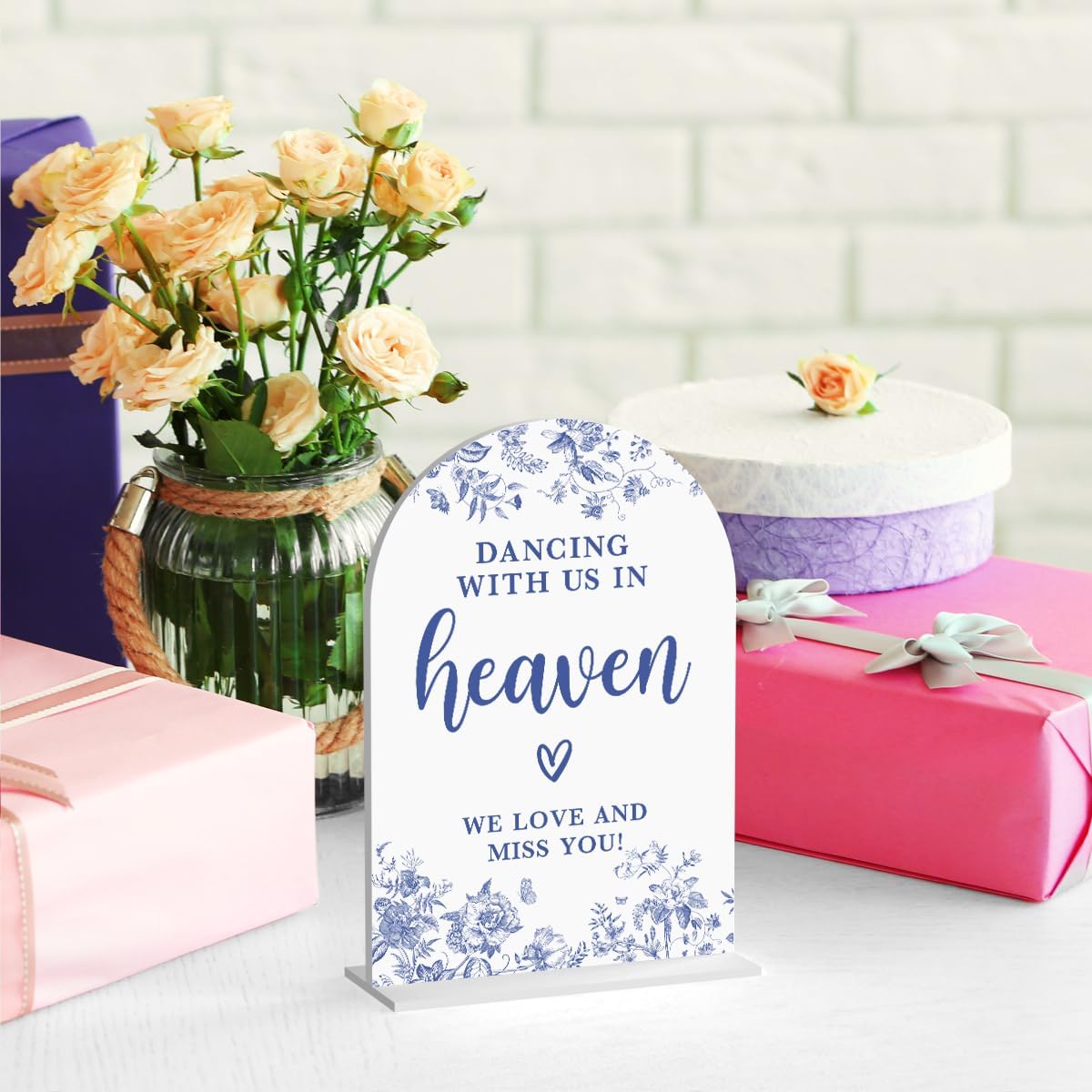 Acrylic Wedding Signs, Dusty Blue Wedding Decor, Blue Weddings Decor, Modern Calligraphy Arch Acrylic Table Top Sign for Weddings Parties Dinners - Dancing With Us in Heaven (White)