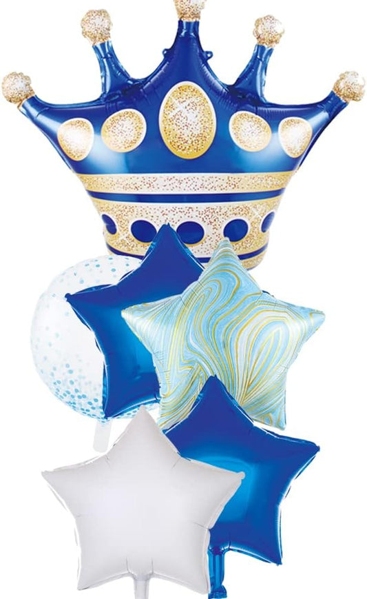 Blue Crown Balloons - Pack of 6 Foil Helium Mylar Balloons for Royal Navy Boy's Birthday or Baby Shower