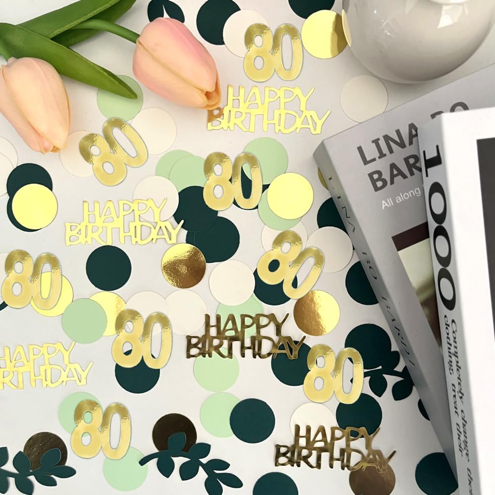 Sage Green 80th Happy Birthday Confetti, 80th Birthday Table Decorations Scatter Green Gold Foil Cake Confetti Decorations for 80 Bday Women Men Party Decor 230 Pcs