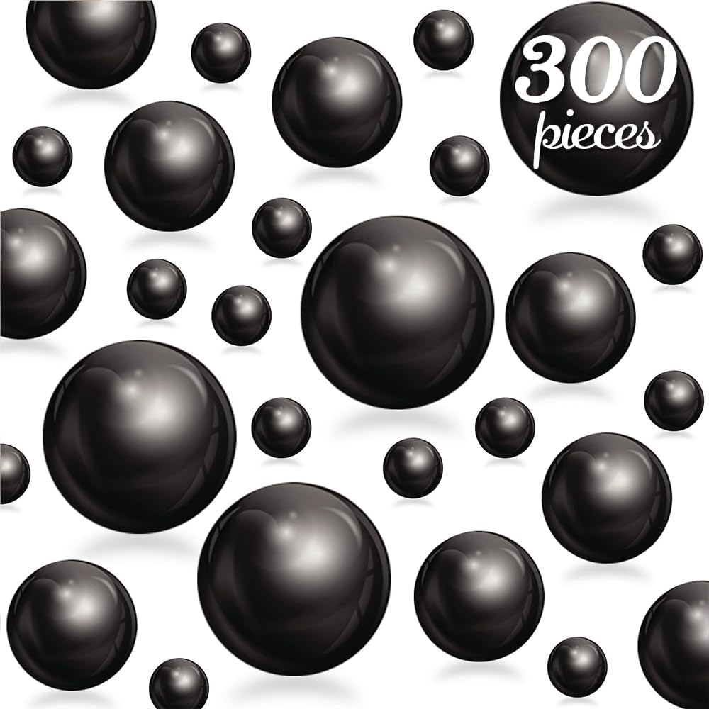 300Pcs Black Polished No Hole Faux Pearl Beads for Vase Filling Decorations, Plastic Pearls Vase Fillers, Table Scatters, Wedding Centerpiece, Home Decor, 8/14/20 mm