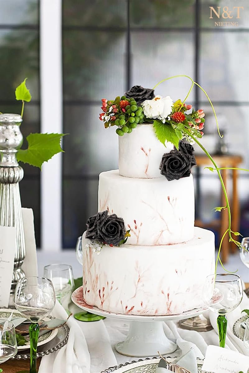 N&T NIETING Artificial Flowers Glowing Black Flowers Foam 50pcs Glitter Roses Real Looking Fake Roses with Stem for DIY Wedding Bouquets Centerpieces Bridal Shower Party Home Decorations