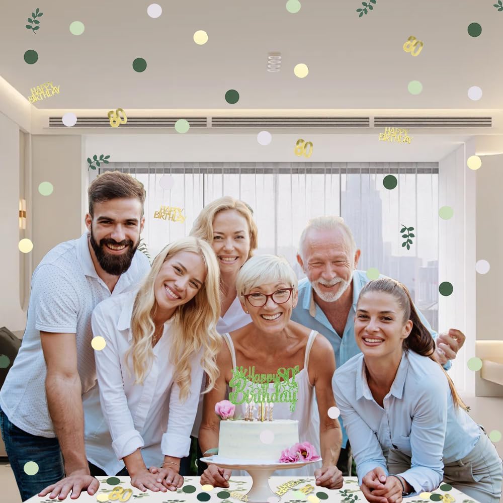 Sage Green 80th Happy Birthday Confetti, 80th Birthday Table Decorations Scatter Green Gold Foil Cake Confetti Decorations for 80 Bday Women Men Party Decor 230 Pcs