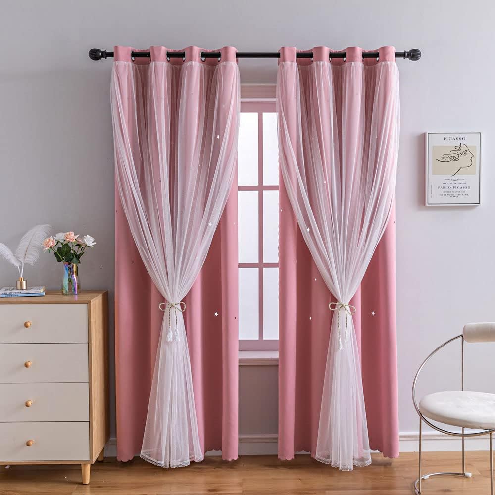 FANLI 2 Panels Star Blackout Curtains for Kid Girls Bedroom Living Room Darking Stripe Double Layer Star Cut Out Wall Home Decor Gradient Grommet Window Curtains (Pink 84L)