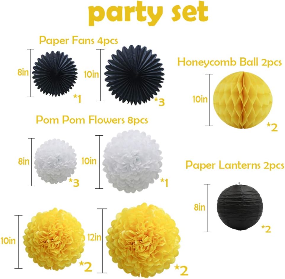 Yellow White Black Party Decorations 16pcs Paper Pom Poms Honeycomb Balls Lanterns Tissue Fans for Bee Day Party Batman Birthday Graduation Baby Shower