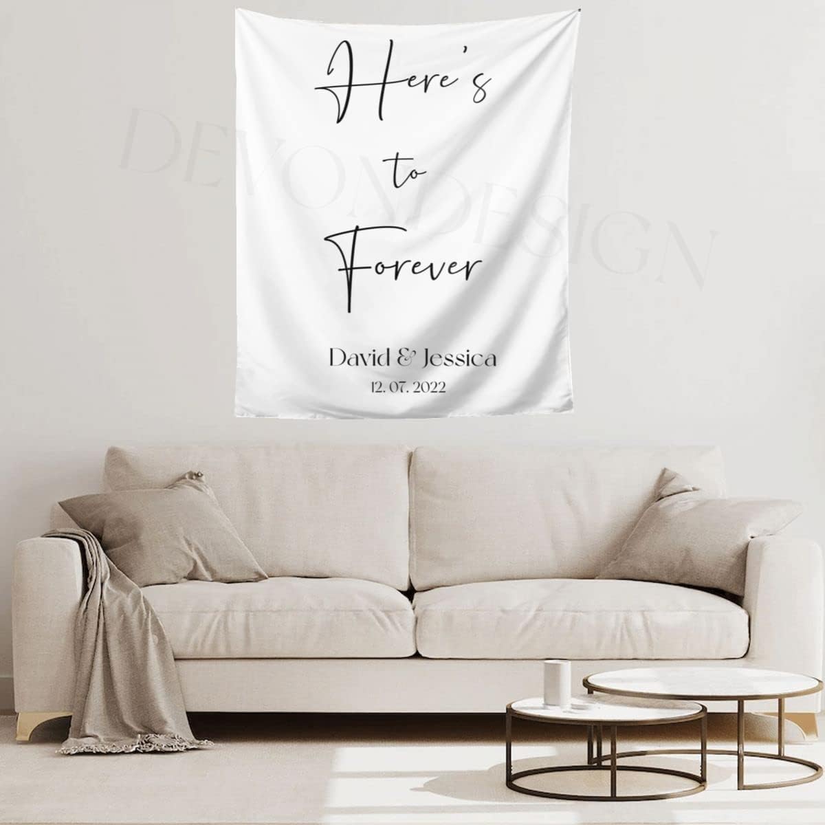 Here's to Forever Rustic Backdrop, Custom Tapestry with Names and Date, Personalized Calligraphy Banner for Ceremony, Reception Backdrop, Wedding Arch