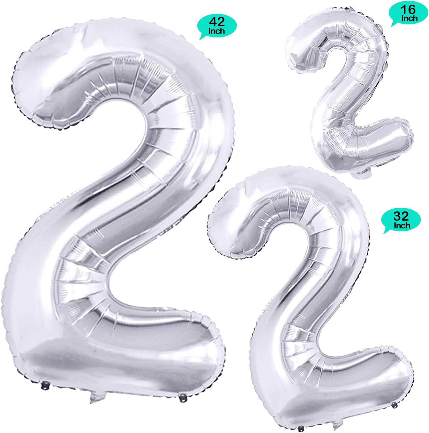 GOER Silver Number 2 Foil Balloons,Huge Number Balloons for 2nd 22nd Birthday Party Supplies Anniversary Decorations(3 pcs,42 inch,32 inc,16inch)