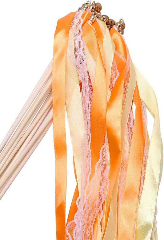 30pcs Lace Ribbon Stick Wands Christmas Birthday Party Streamers Wands Fairy Stick for Wedding Activities (Orange+Lace)