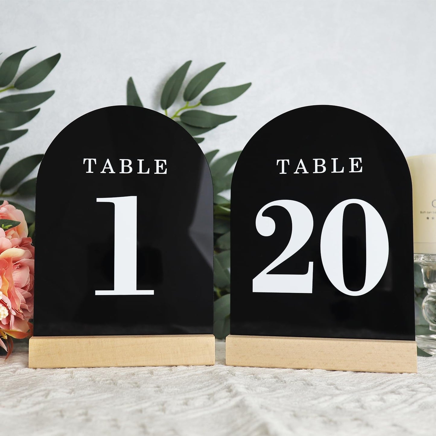 Wedding Table Numbers 1-20, Acrylic Arch Signs with Natural Wood Stands Holders, Rustic Table Decor for Reception & Parties (Black White)