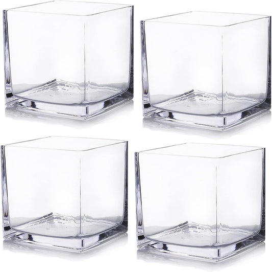 Enova Floral Set of 4 Cube Glass Vase, 4x4X4 Inch Glass Flowers, Clear Square Glass Vases, Floating Candle Holders, Table Decorative Vase for Home Office Décor, Wedding Centerpieces