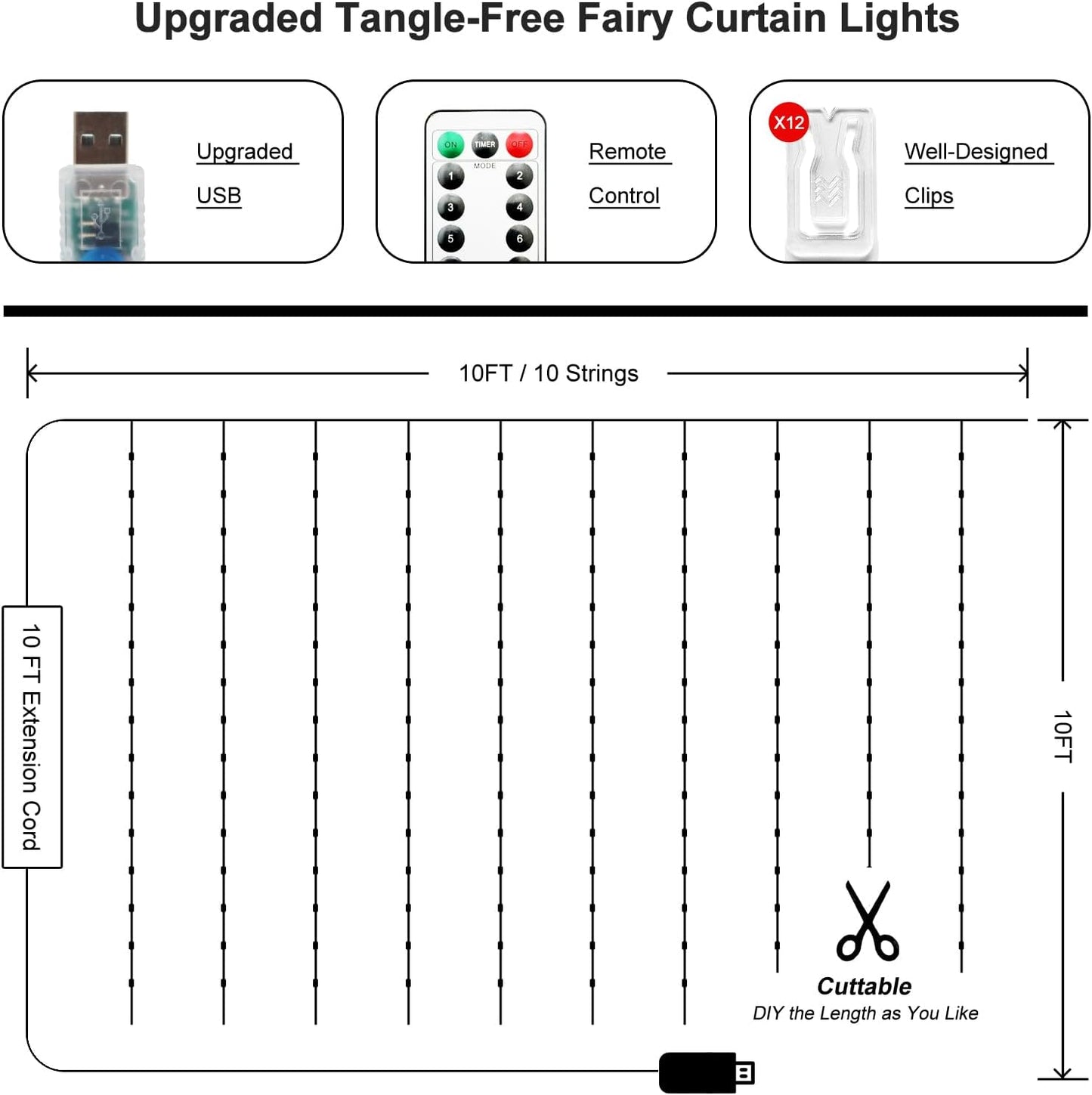 Fairy Curtain Lights Upgraded Tangle-Free Warm White USB Plug in 8 Modes String Hanging Lights with Remote for Christmas, Bedroom, Indoor, Outdoor, Weddings, Party (10FTx10FT)