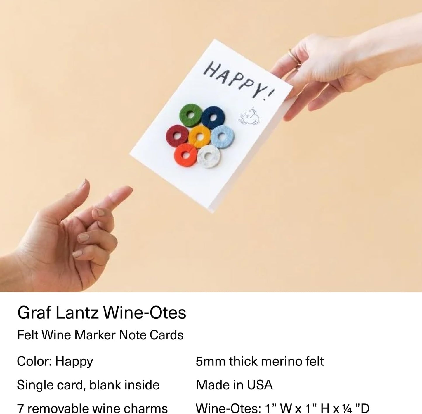 Graf Lantz - Wine-Ote's Merino Wool Wine Glass Charms (Happy) 7 Count - Drink Markers with Note Card - Reusable - 7 Colors - Boho Style - Home Decor, Party Favors & Vacation Essentials - 5mm Felt