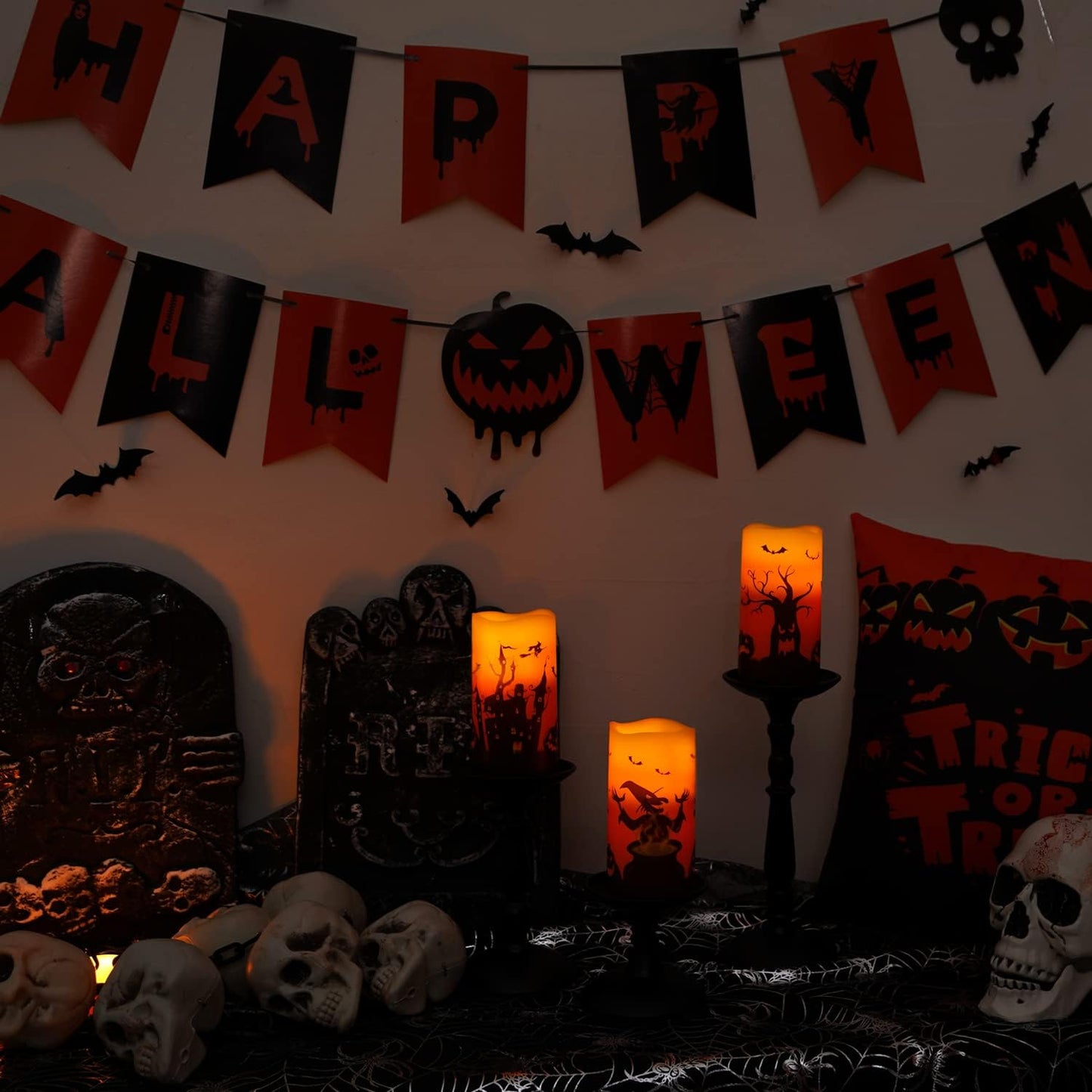 Homemory Halloween Candles, Orange Flameless Candles, Real Wax Flickering Battery Operated LED Pillar Candles with Remote Timers for Halloween Spooky Decoration, Day of The Dead, 3”x6”, Set of 3