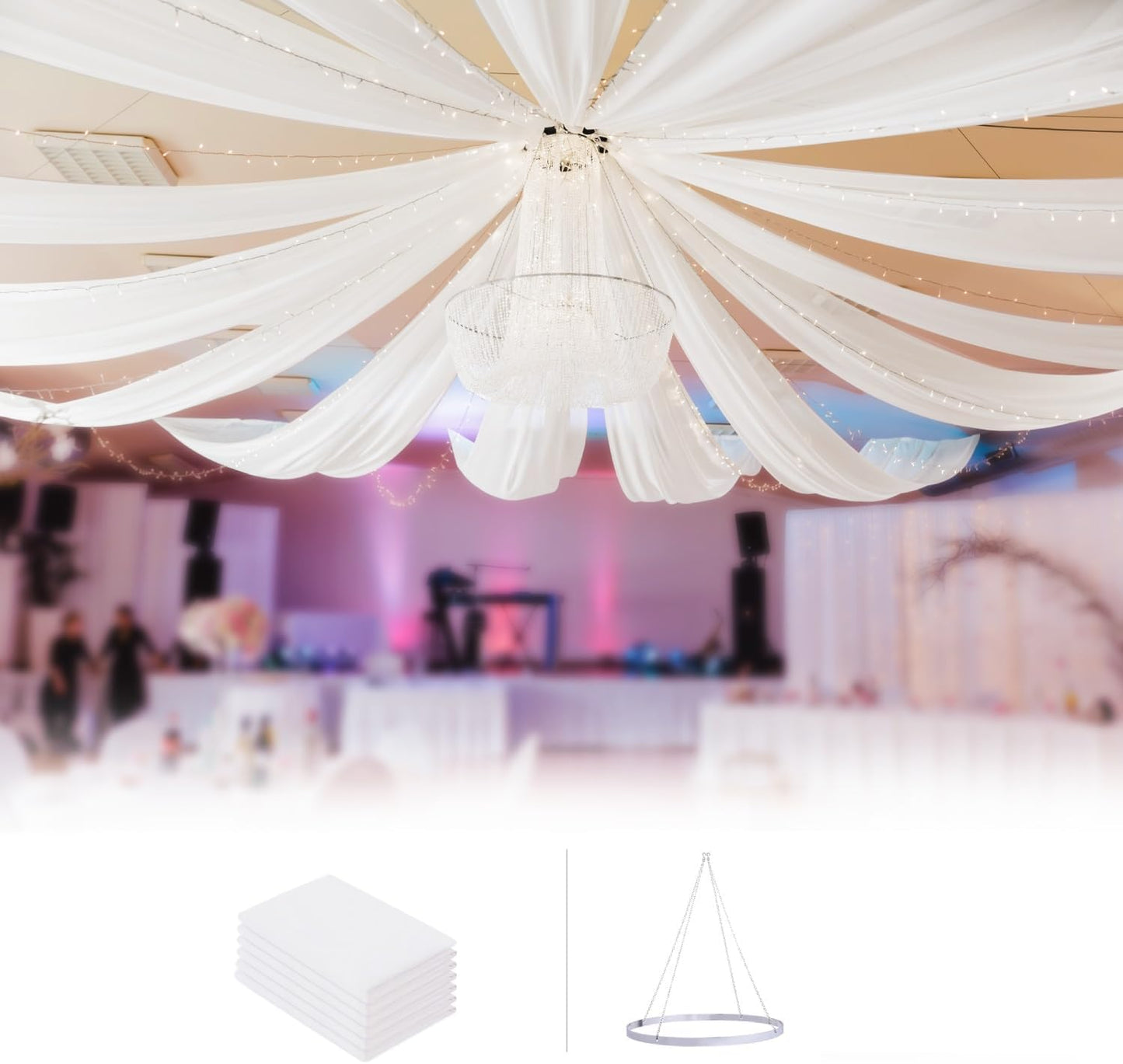 boldworks Ceiling Drapes Hanging Kit for Weddings Tent Bedroom Draping Parties Decoration White Fabric Includes Hoop Ring Set 5ft x 10ft Pack of 6