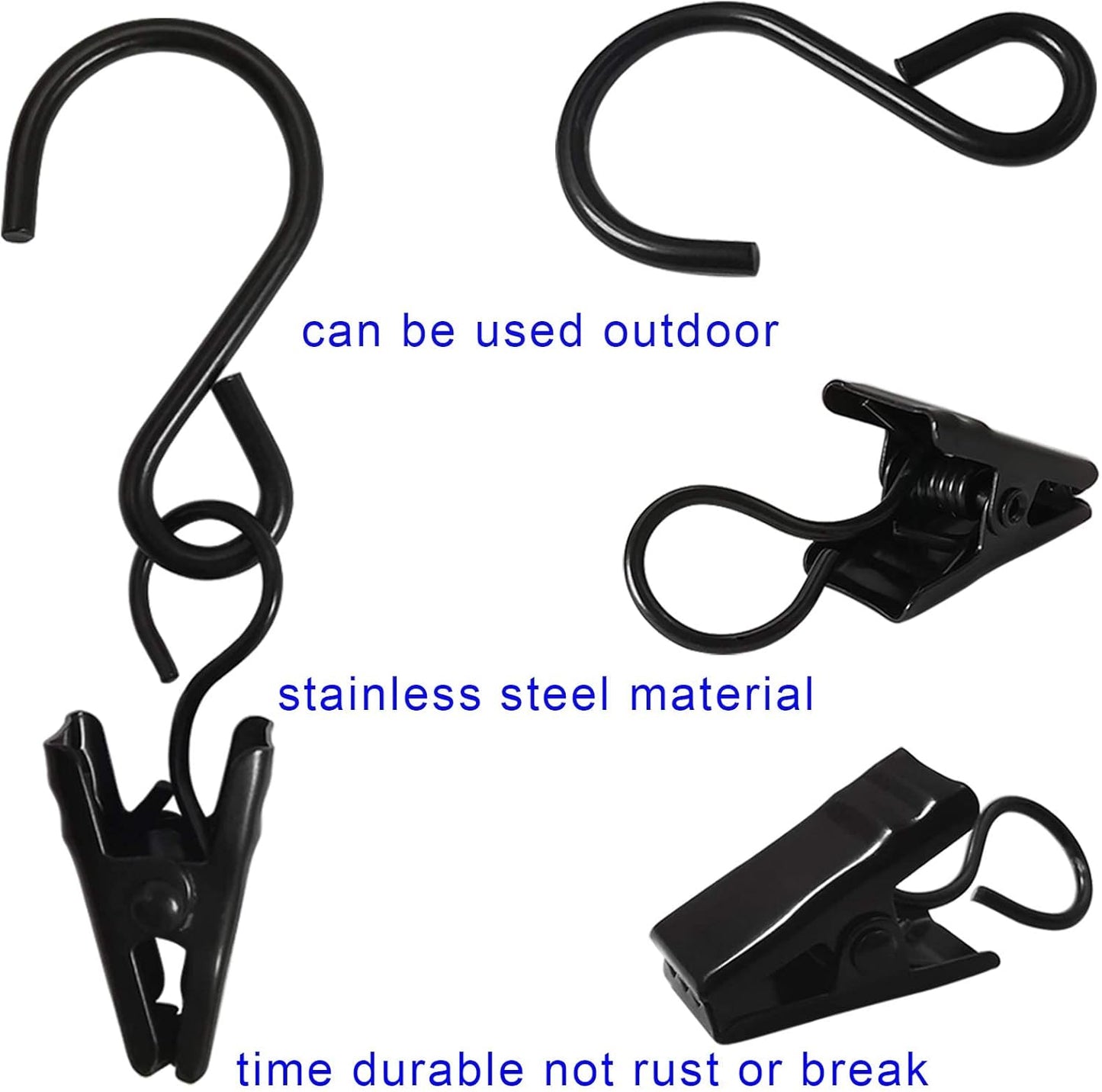 Stainless Steel S Hooks Curtain Clips, 50 Pack Hanging Party Lights Clips Hangers Gutter Photo, Art Craft Display, 2.4 Inch Long, Black