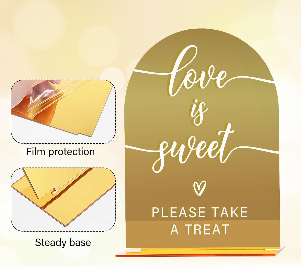 Acrylic Wedding Sign, Bridal Shower Decorations, Love is Sweet Sign for Ceremony, Modern Font Table Signs, Gold Mirror Arched Acrylic Tabletop Signs for Wedding Reception and Event Party