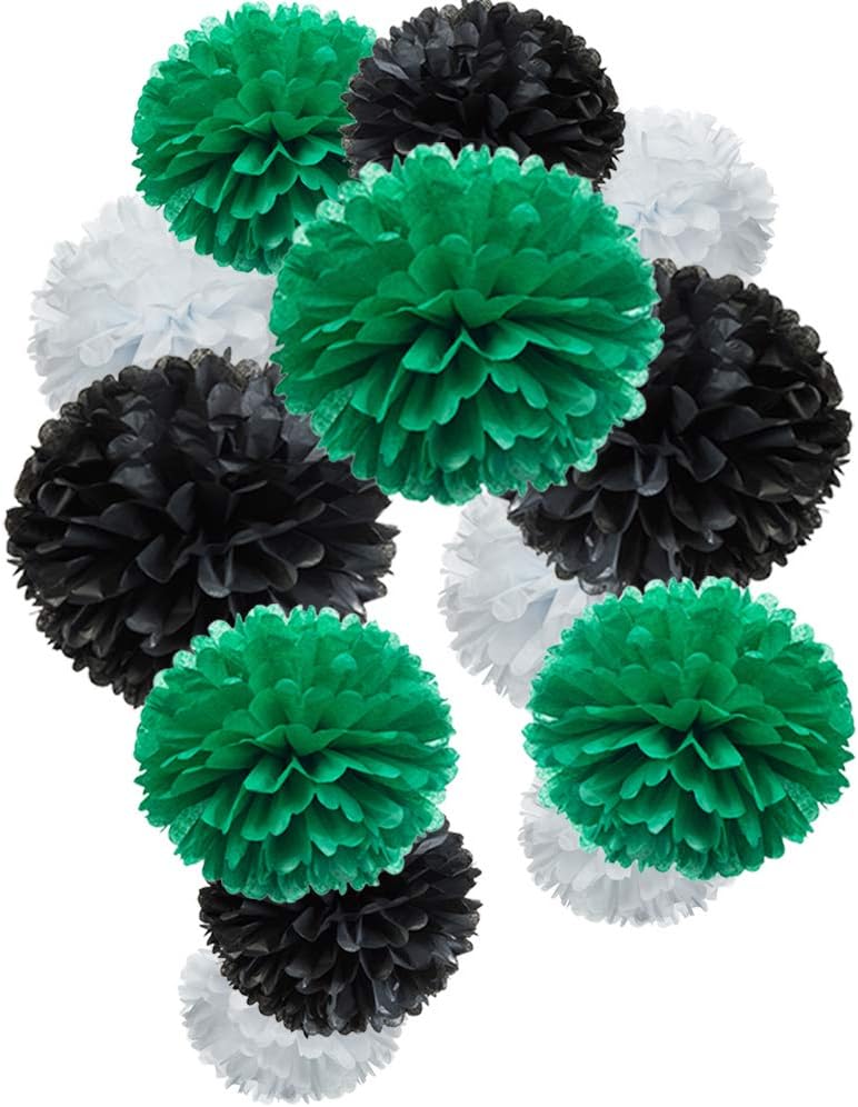 Paper Flower Tissue Pom Poms Party Supplies (Black,Green,White,12pc)