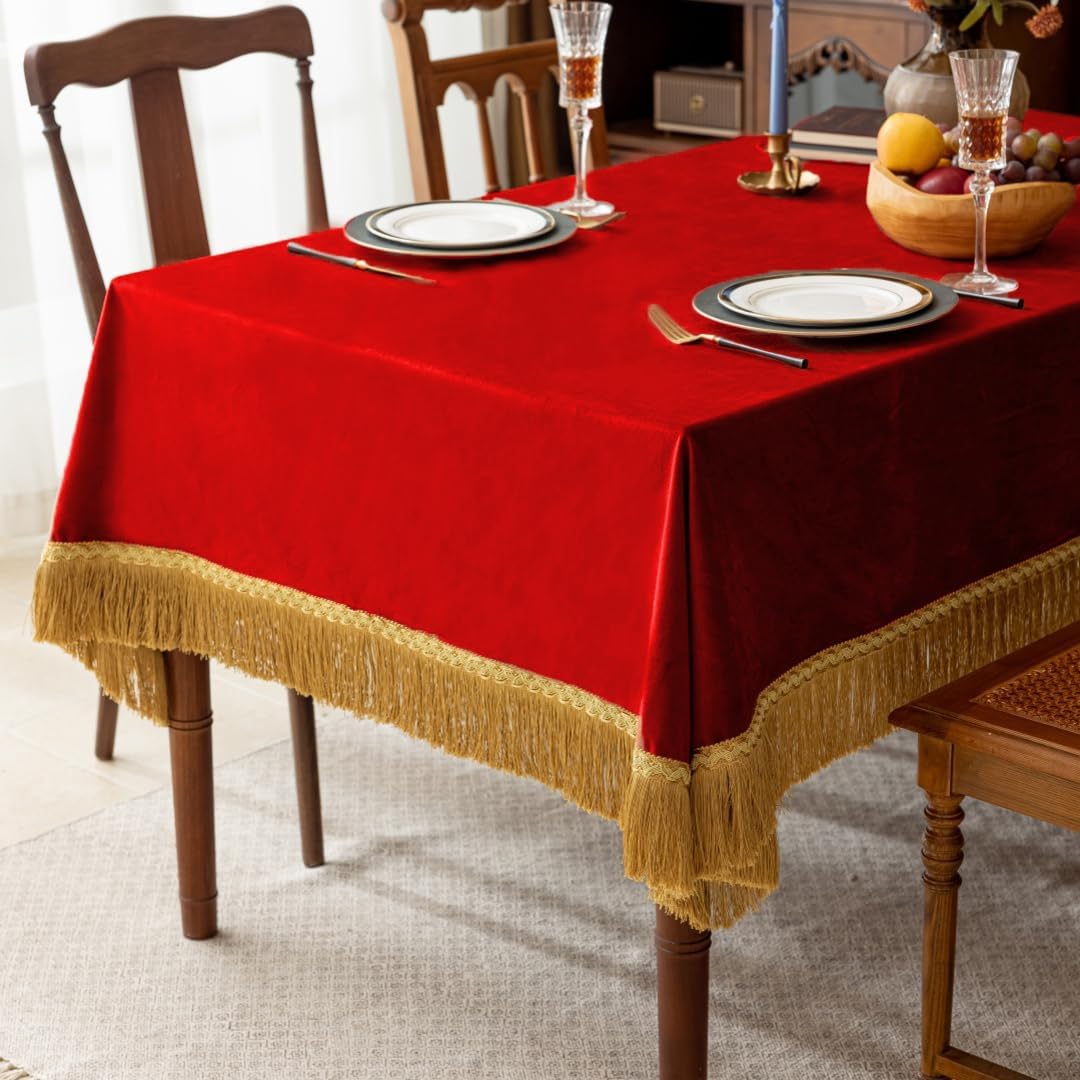 F-CHU Red Tablecloth Thickset Velvet Tablecloth with Beautiful Gold Tassels Vintage Table Cloth for Home Decor Wedding, Party, Banquet and Events 67x120-Inch