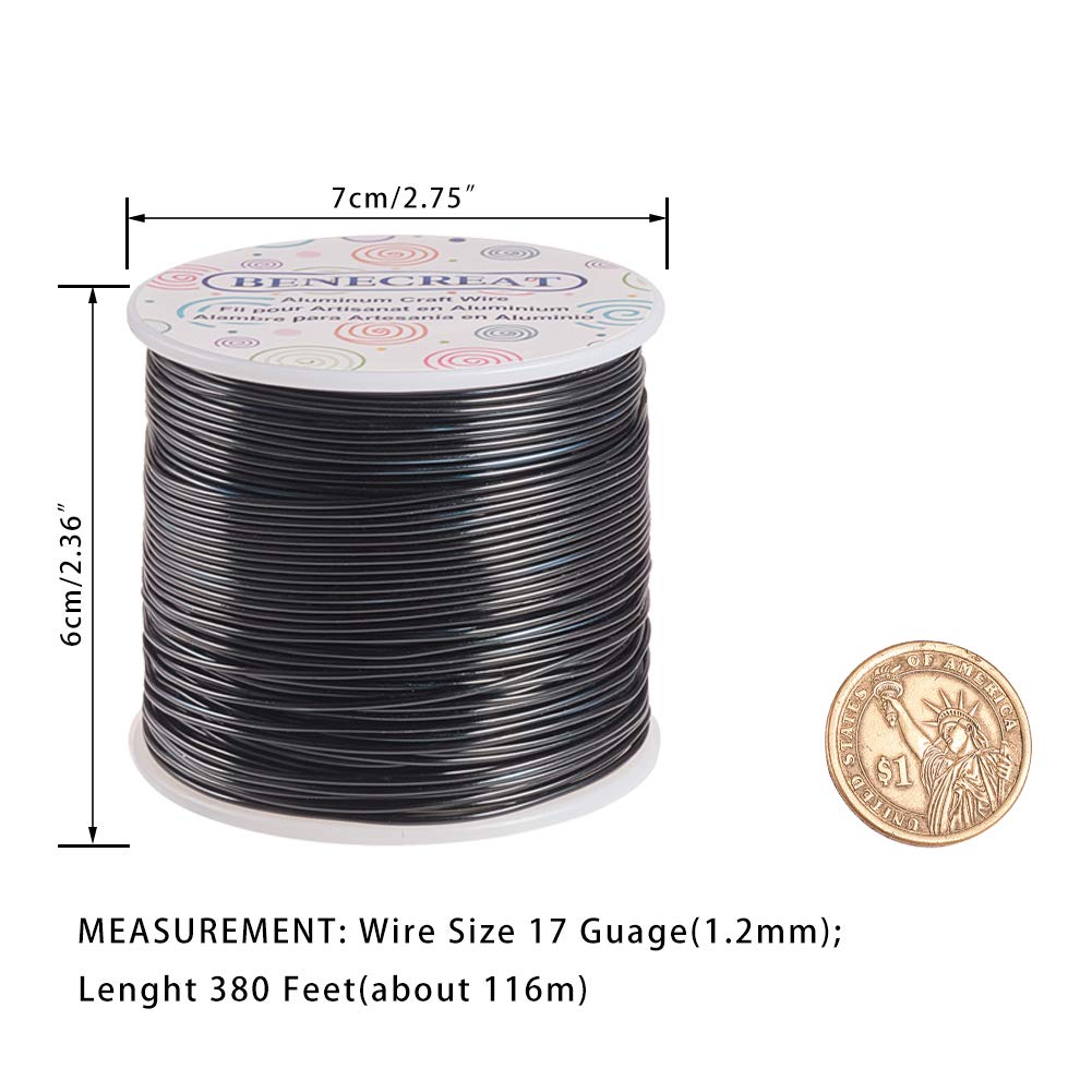 BENECREAT 12 17 18 Gauge Aluminum Wire (17 Gauge,380FT) Anodized Jewelry Craft Making Beading Floral Colored Aluminum Craft Wire - Black