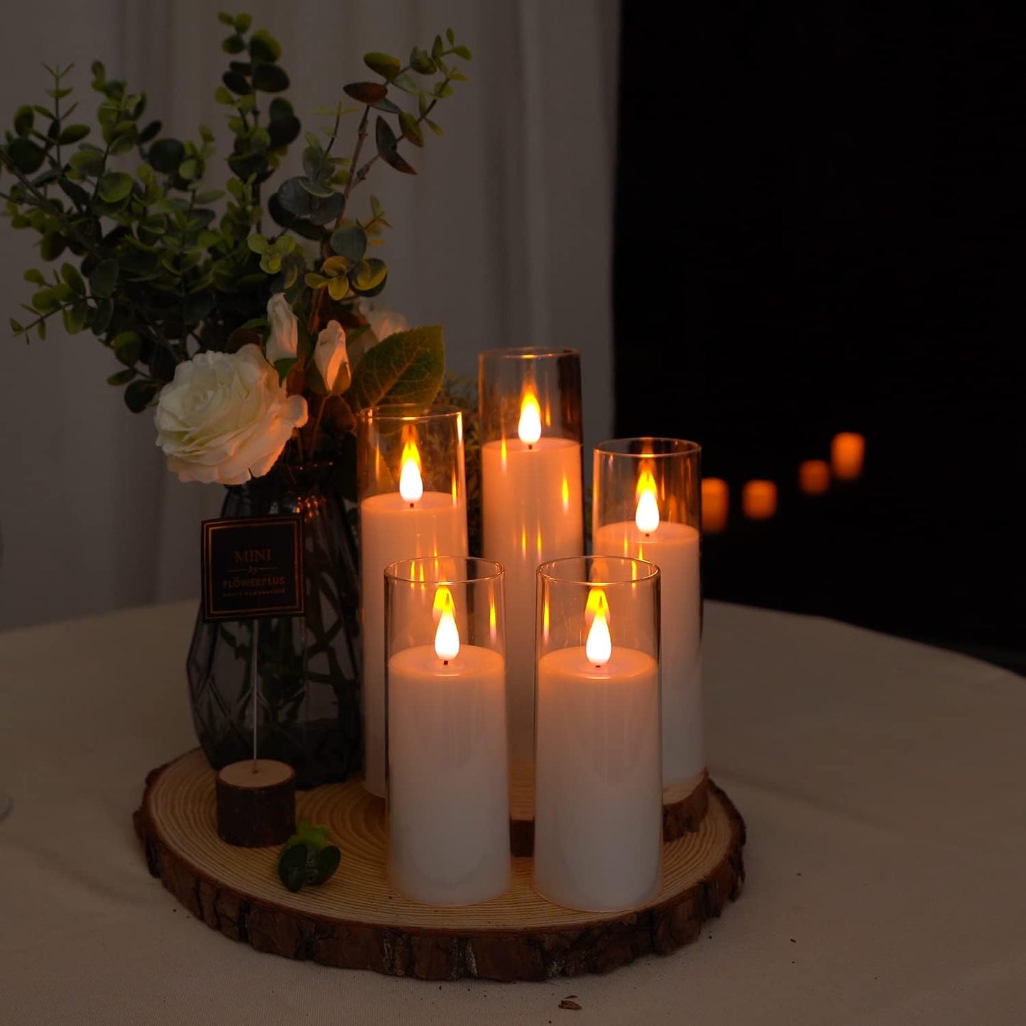 Amagic Pure White Flameless Candles, Battery Operated Candles, Acrylic Flickering LED Pillar Candles with Remote Control and Timer, 3D Wick, Yellow and Blue Glow, D2.2 xH5 5" 6" 7" 8", Set of 5