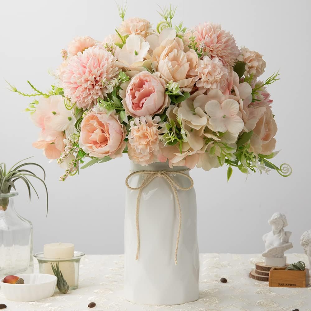 LESING Artificial Peony with Vase Silk Flowers Bouquets Fake Hydrangea Bulks for Home Table Centerpieces Wedding Decoration(Pink-1)