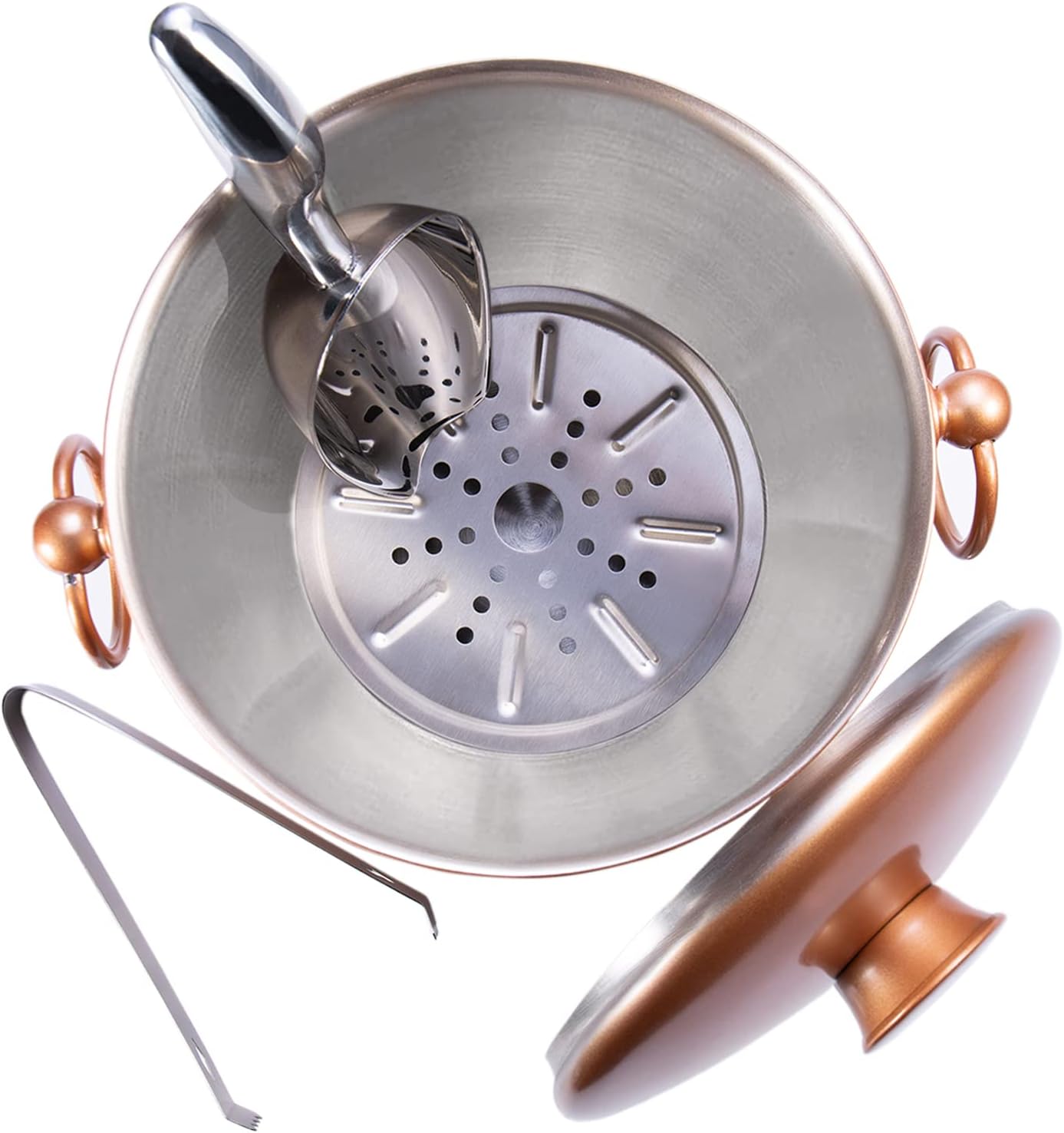 Ice Bucket with Lid, Scoop, Tongs and Strainer - Well Made Insulated Stainless Steel Keep Ice Frozen Longer - Ideal for Cocktail Bar, Parties, Chilling Wine, Champagne - 3 Liter (Copper)