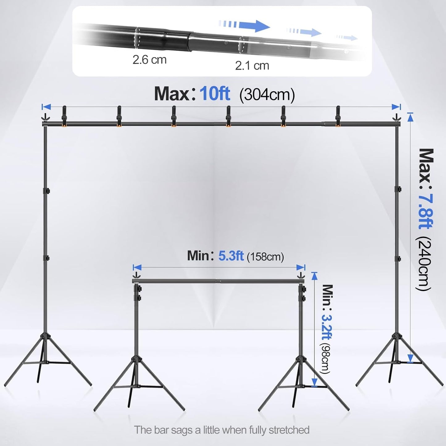 EMART Backdrop Stand 10x7.8ft(WxH) Photo Studio Adjustable Background Stand Support kit with 2 Crossbars, 8 Clamps, 2 Sandbags and Carry Bag for Parties, Events Decoration, Wedding, Photography
