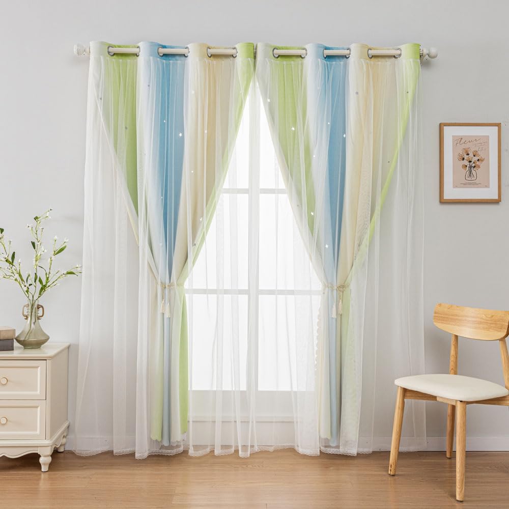 FANLI Ombre Rainbow Blackout Curtains for Kid Girls Bedroom Living Room Darking Stripe Double Layer Star Cut Out Wall Home Decor Gradient Grommet Window Curtains （Blue Green 52Wx84L）